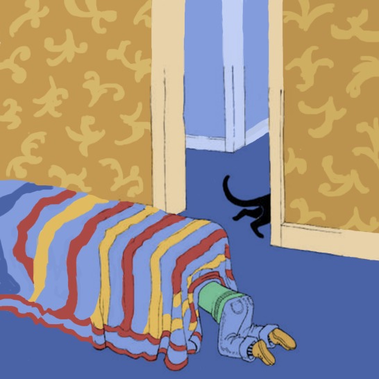 A boy looking underneath a bed and a cat leaving the bedroom.