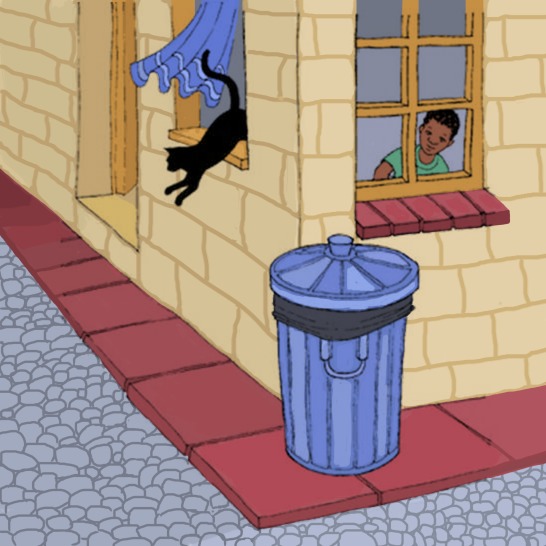 A boy looking through the window at a bin and a cat escaping through another window.