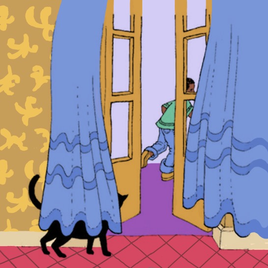 A boy looking outside a house and a cat hiding behind the curtains.