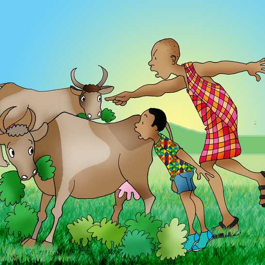 Two cows eating crops and a farmer and a boy shouting at the cows.