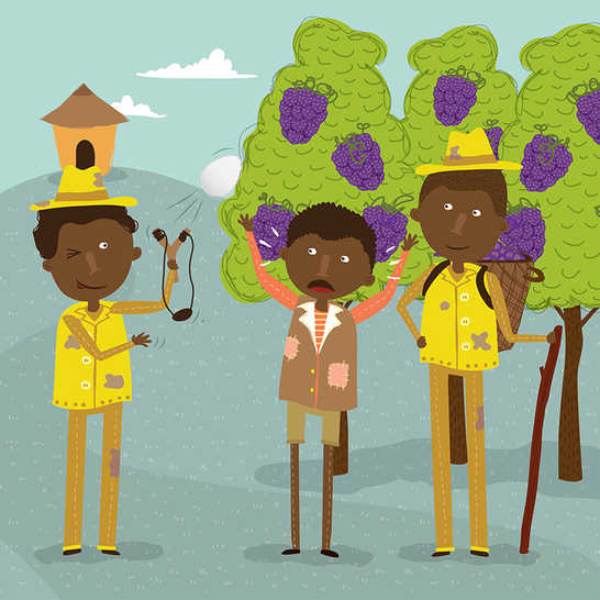 A boy standing between two boys picking fruit and one of them holding a slingshot.