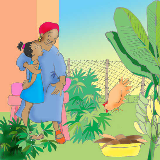 A girl hugging a woman in a garden.
