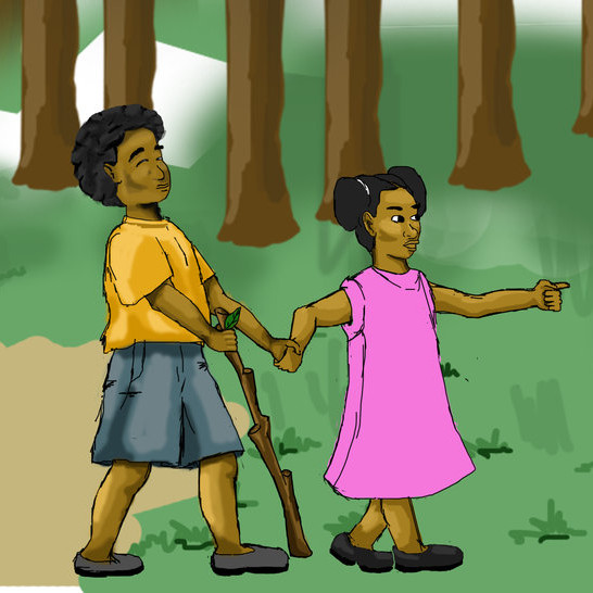 A girl leading a blind boy with a stick through a forest.