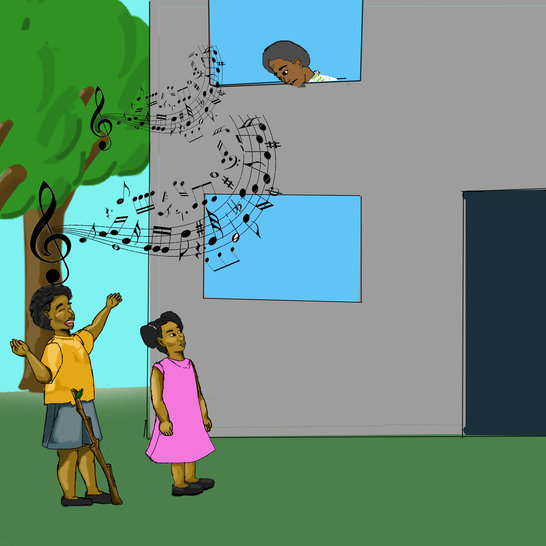 A boy standing outside a building singing to a man looking out of the window, and a girl standing next to him.
