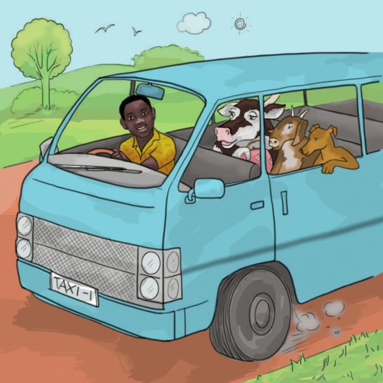 A man driving a taxi, and a goat, dog and cow sitting in the back.
