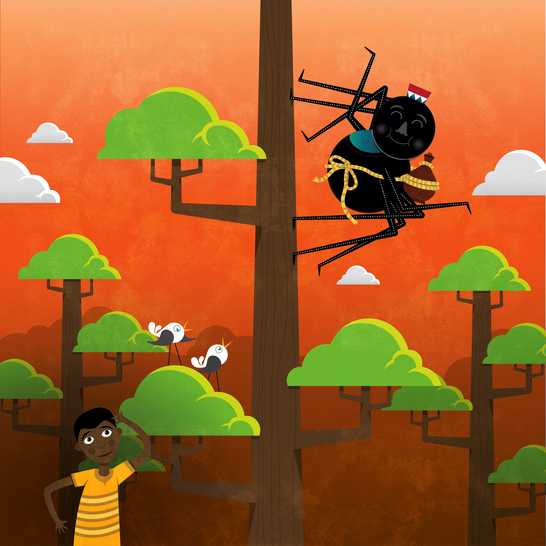 A spider climbing a tall tree with a clay pot tied to its back and a boy standing at the bottom of the tree.