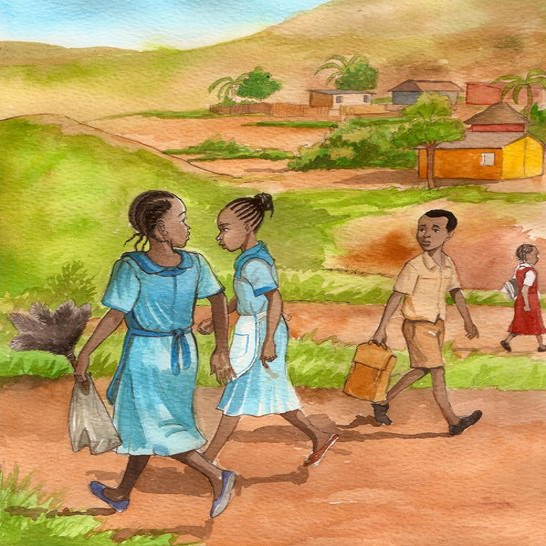 Two girls dressed as maids walking through a village.
