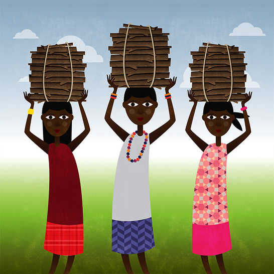 Three girls carrying wood on their heads.