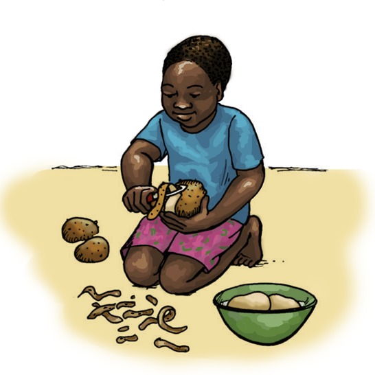 A girl peeling potatoes.