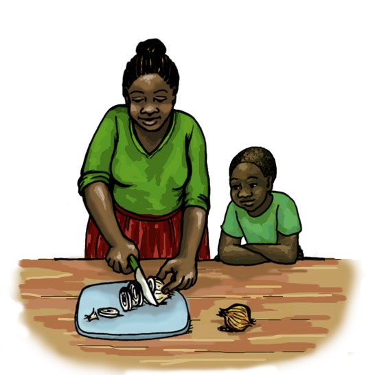 A woman chopping onions and a boy watching.