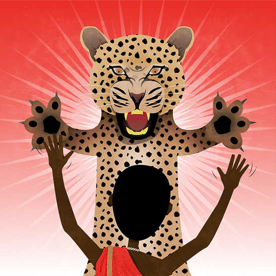 An angry-looking leopard with its arms wide open and a man with his hands in the air.