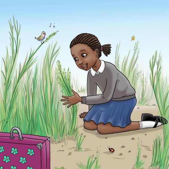 A girl kneeling on the ground talking to grass.