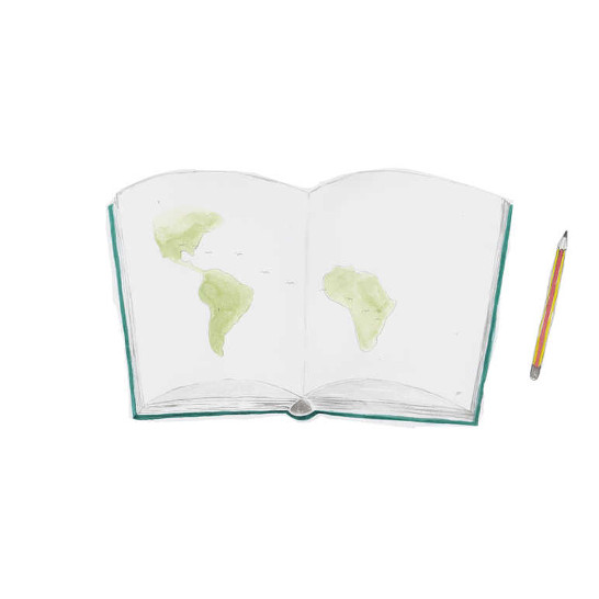 A book open to a map of the world and a pencil.