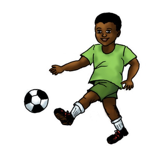 A boy kicking a football.