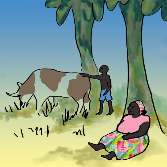 A woman sitting against a tree and a boy petting a cow.