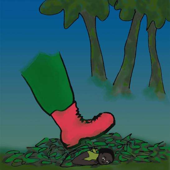 A soldier stepping on a boy hiding under leaves in a dark forest.