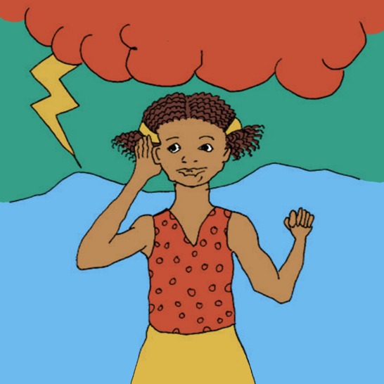 A woman standing beneath a thunder cloud.