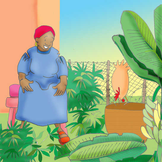 A woman standing in her garden smiling, next to some banana leaves and a basket.
