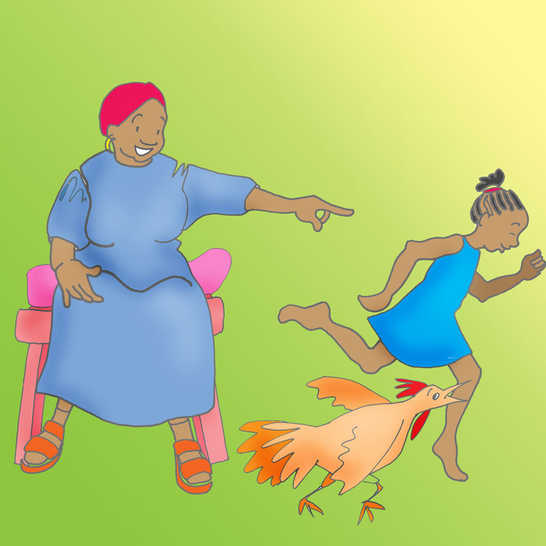 A woman pointing at a girl and a chicken running off.