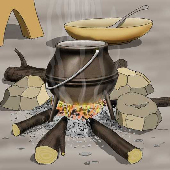 A cooking pot on a campfire next to a bowl and spoon.