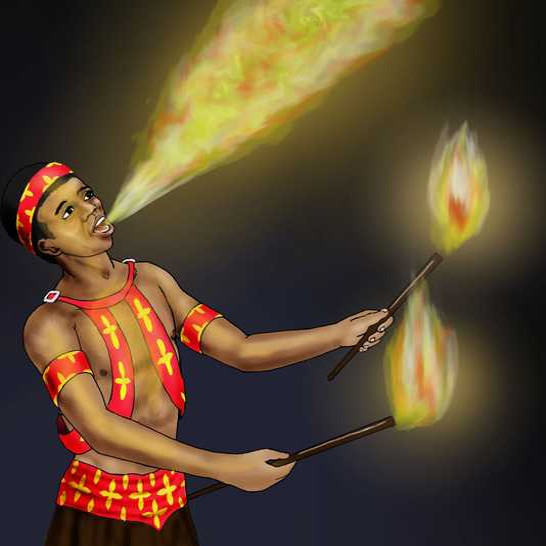 A man fire breathing, holding two sticks lit with fire.