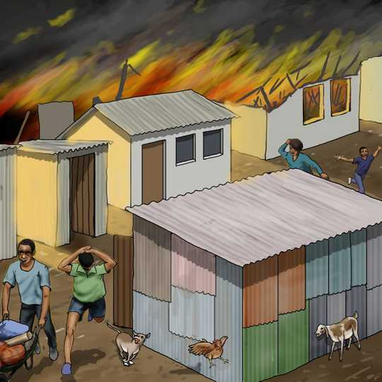 Fire burning small huts, and people and animals escaping.