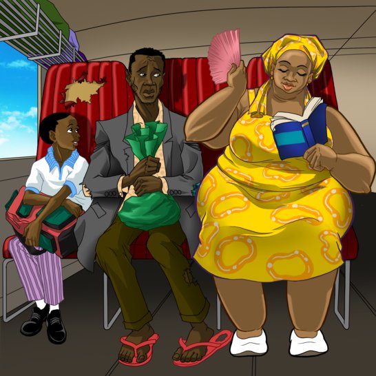 A boy sitting next to a man and a woman on bus.