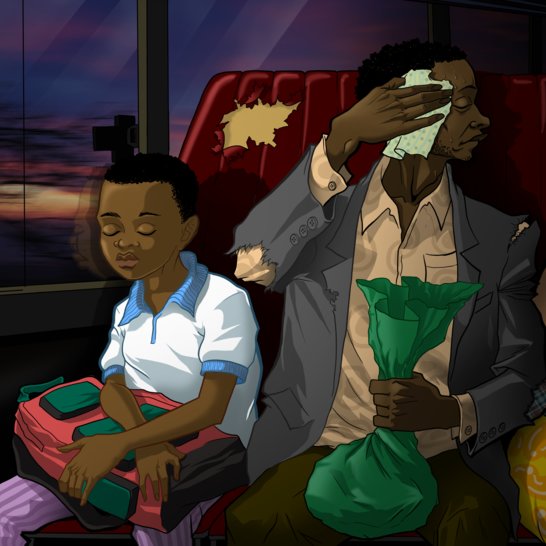A boy sleeping on a bus next to a man wiping his forehead with a tissue.