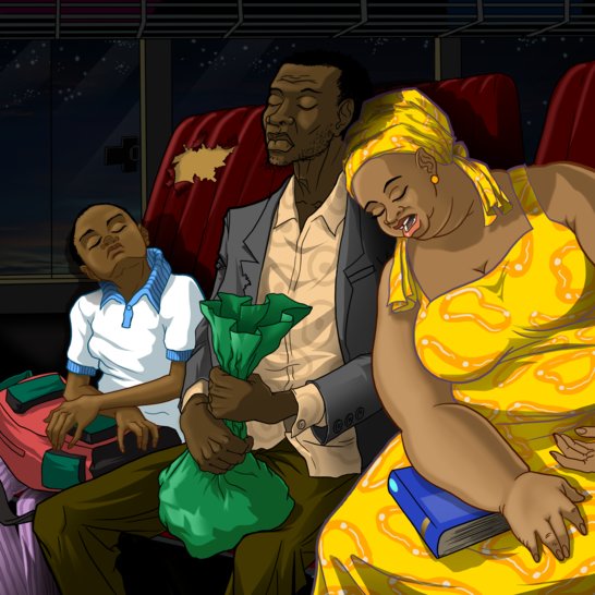 A boy, a man and a woman sleeping on a bus.